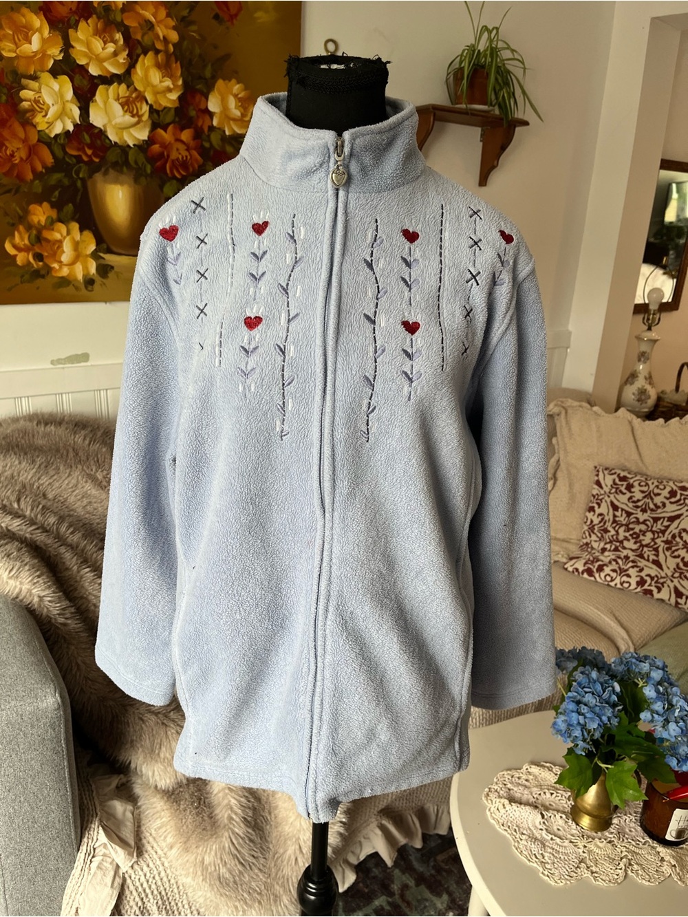 Vintage Light Blue Embroidered Heart Fleece Jacket size large nannycore